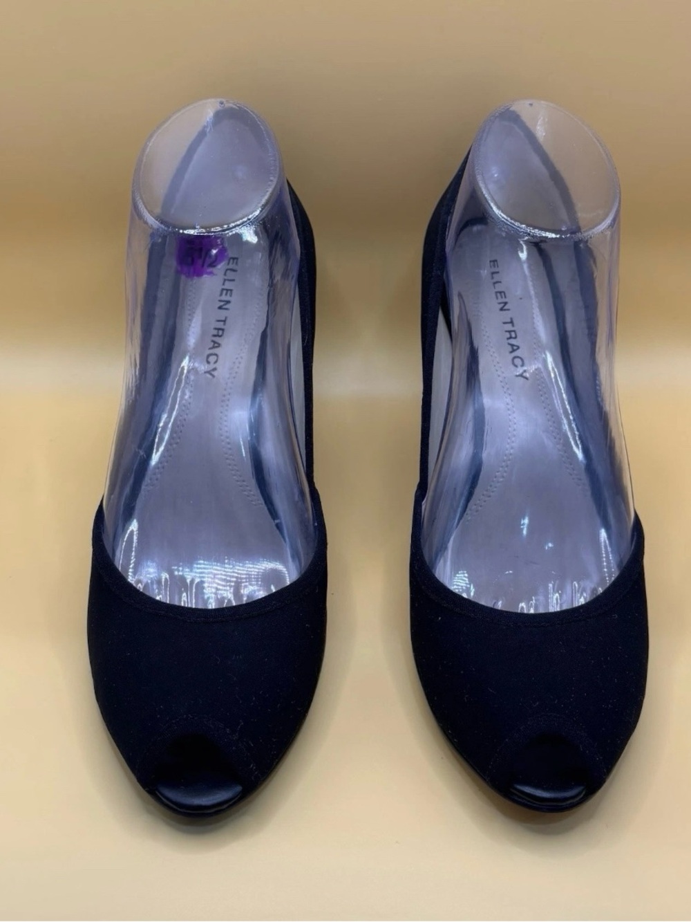 Ellen Tracy Wedge Pumps Womens 8.5 Black Peep Toe Stretch Fabric Career Shoes - Picture 6 of 11